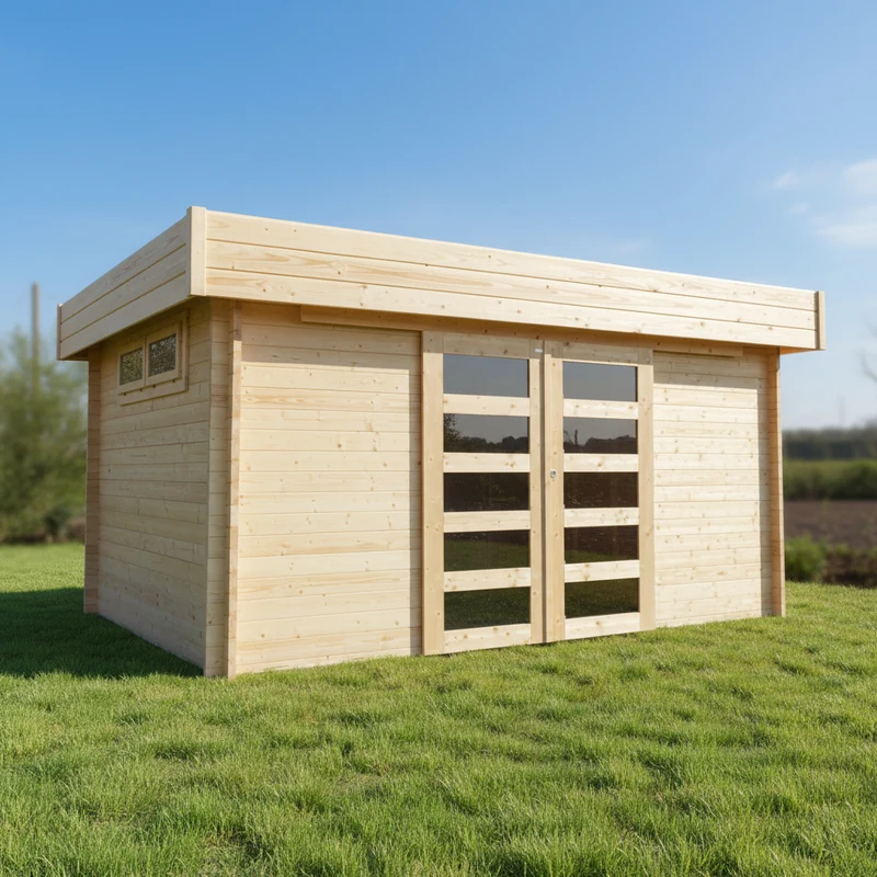 Abri de jardin Viborg - 4,18 x 3,28 - sapin du Nord certifié - toiture plate - double-porte coulissante avec fenêtres - bois imprégné