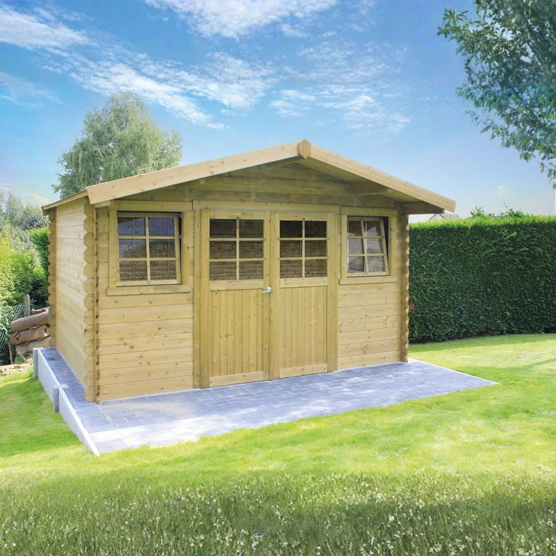 Abri de jardin Dole - 3,88 x 2,98 m - sapin du Nord certifié - double-porte avec fenêtres - bois imprégné
