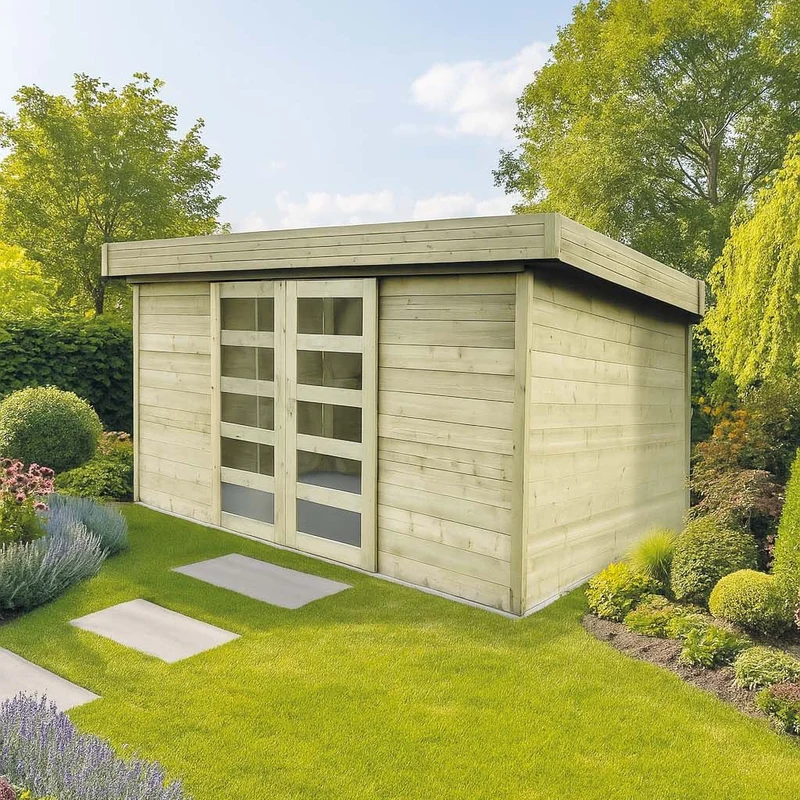 Abri de jardin Malmö - 3,9 x 3,09 m - sapin du Nord certifié- toiture plate - double-porte avec fenêtres - bois imprégné