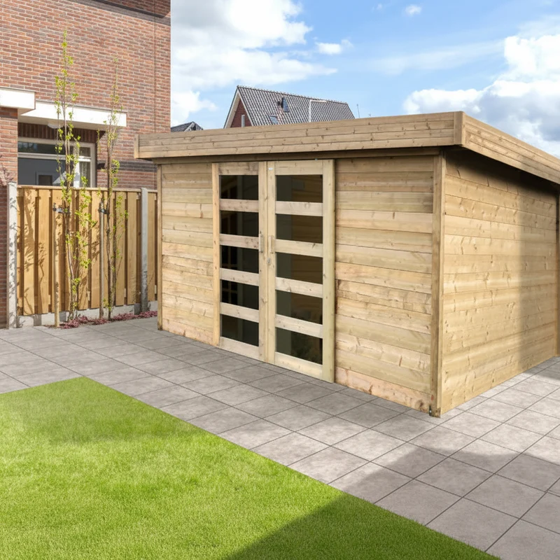 Abri de jardin Malmö - 3,9 x 3,09 m - sapin du Nord certifié- toiture plate - double-porte avec fenêtres - bois imprégné