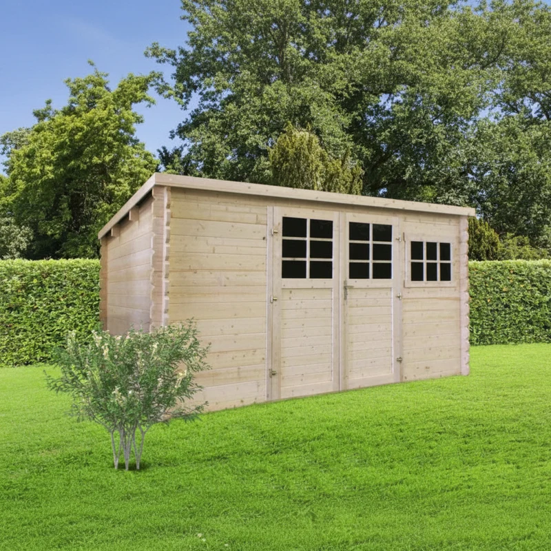 Abri de jardin Kalani - 3,88 x 2,98 m - sapin du Nord certifié - toiture plate pente légère - double-porte avec fenêtres