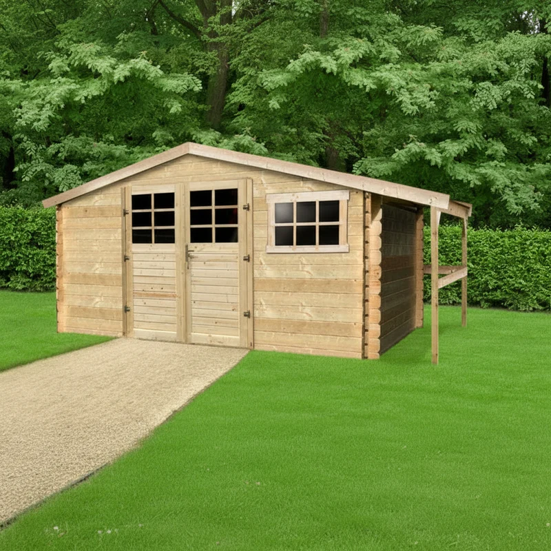 Abri de jardin bois Aramis - avec abri bûches - 3880 x 500 x 2980 m - sapin du Nord - porte sécrurisée