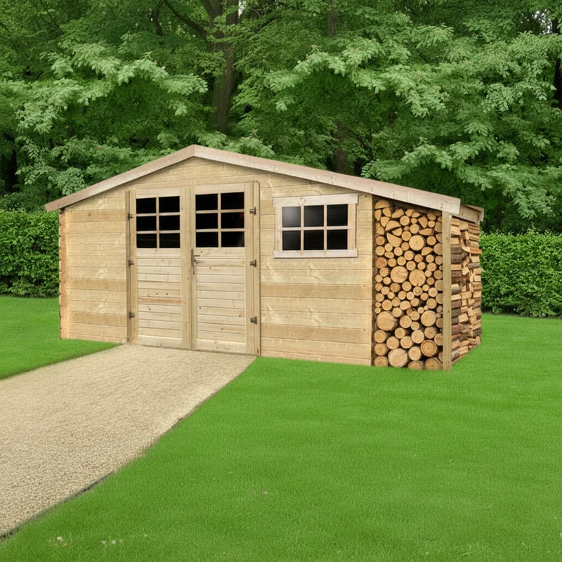 Abri de jardin bois Aramis - avec abri bûches - 3880 x 500 x 2980 m - sapin du Nord - porte sécrurisée