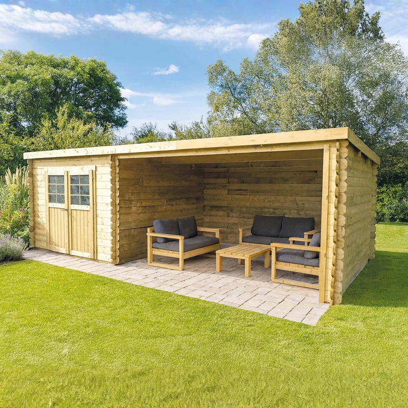 Abri de jardin Rohan - avec terrasse - 2,98 x 2,98 + 3,61 m - sapin du Nord certifié - toiture plate -double-porte avec fenêtres - bois imprégné