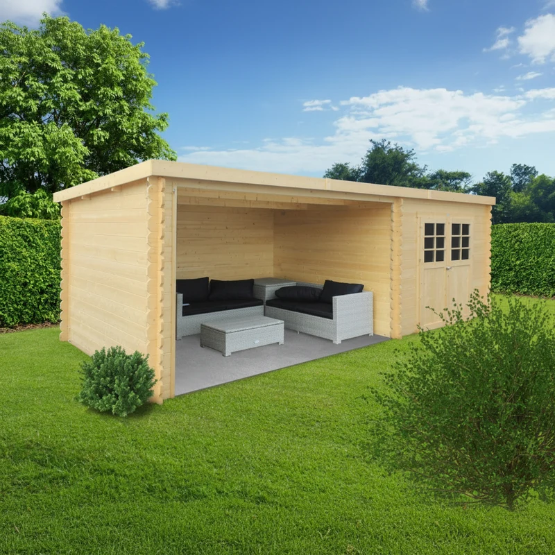 Abri de jardin Rohan - avec terrasse - 2,98 x 2,98 + 3,61 m - sapin du Nord certifié - toiture plate -double-porte avec fenêtres - bois imprégné