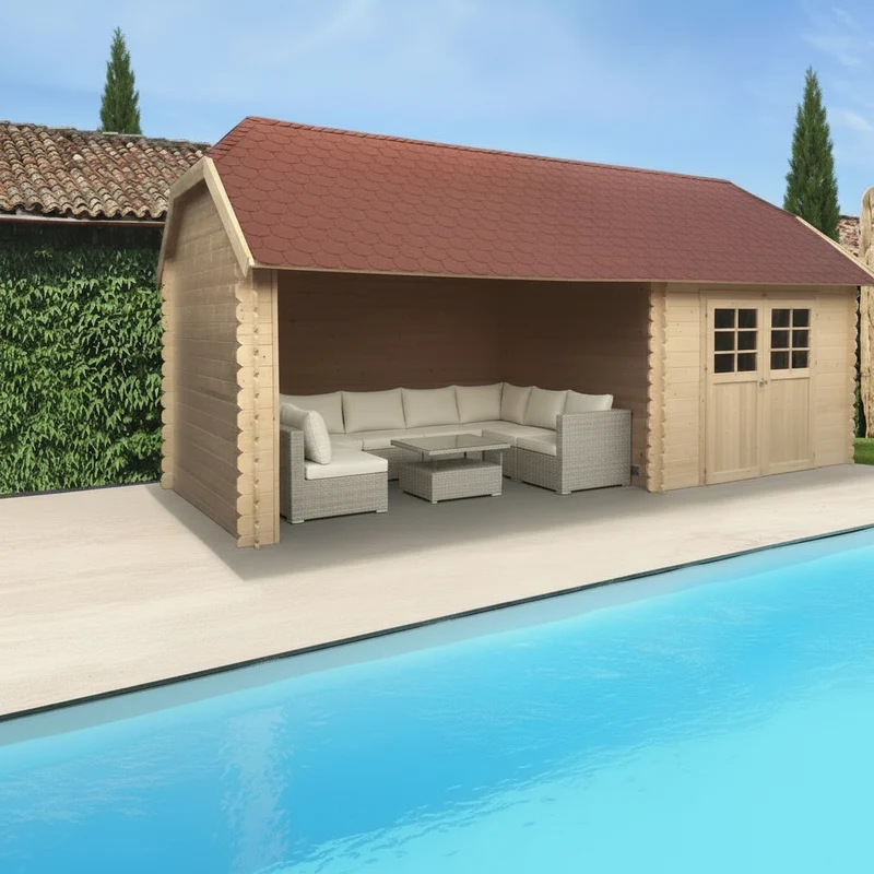 Abri de jardin York -avec terrasse - 2,98 x 2,980+ 3,64 m - sapin du Nord certifié- double-porte avec fenêtres - bois traité