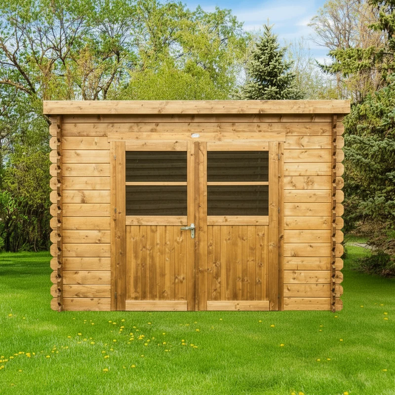 Abri de jardin Brest - bois imprégné - 2,98 x 2,98 m - sapin du Nord certifié - double-porte avec fenêtres