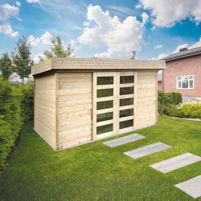 Abri de jardin Stockholm - 3,61 x 2,42 m - sapin du Nord certifié - toiture plate - double-porte avec fenêtres - bois imprégné