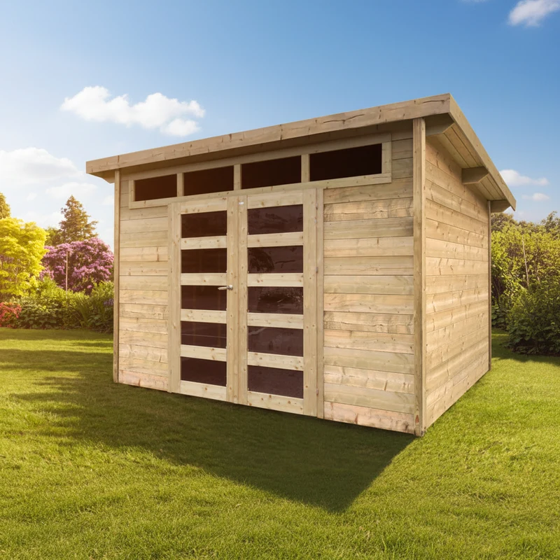 Abri de jardin Venezia - 3,3 x 2,7 m - sapin du Nord certifié - toiture appentis - double-porte avec fenêtres - bois imprégné