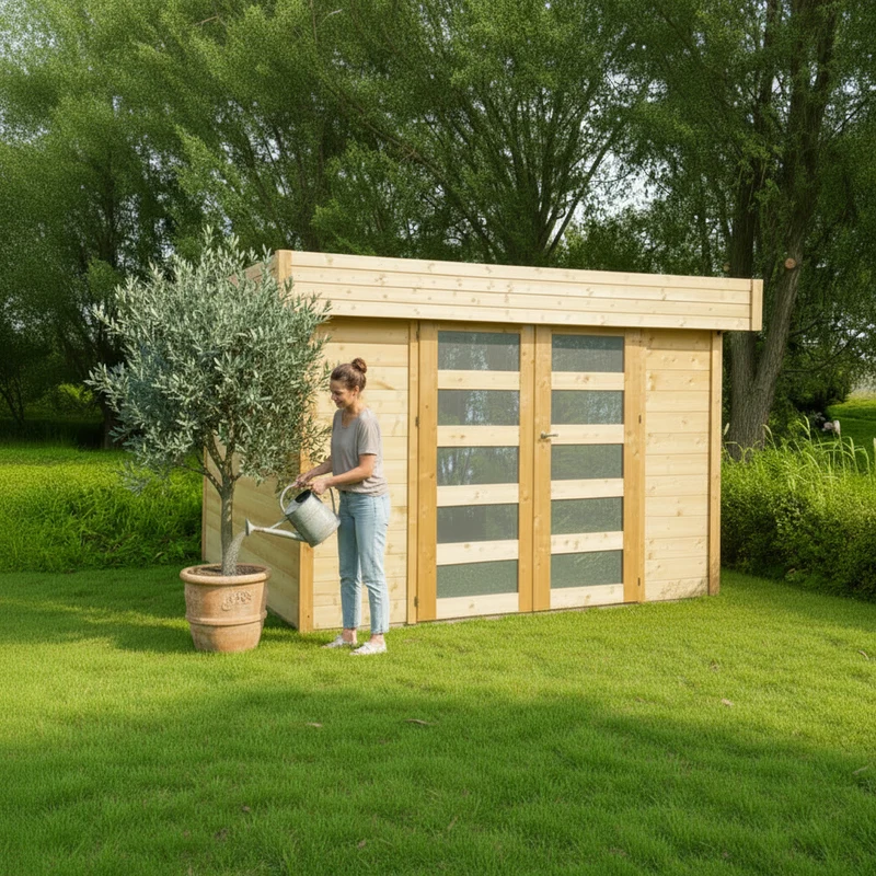 Abri de jardin Odense - 2,99 x 2,99 m - sapin du Nord certifié - toiture plate - double-porte avec fenêtres