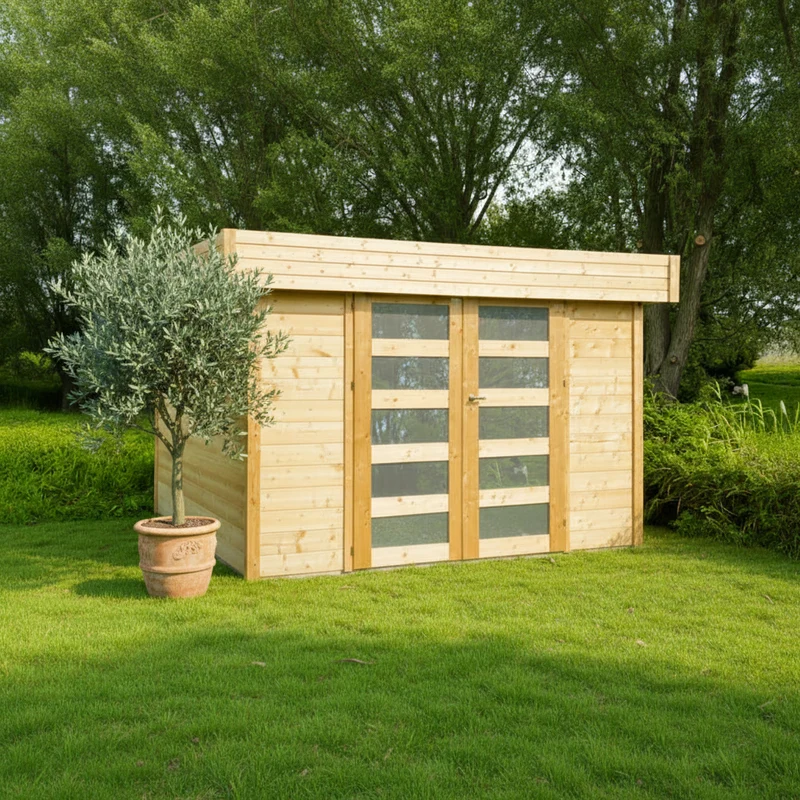 Abri de jardin Odense - 2,99 x 2,99 m - sapin du Nord certifié - toiture plate - double-porte avec fenêtres