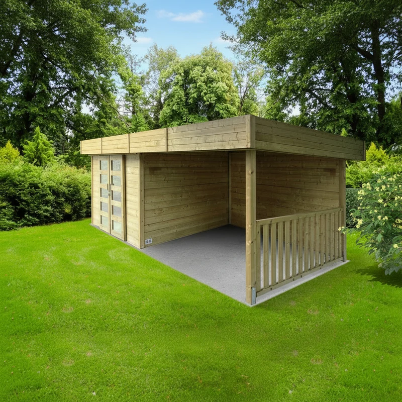 Abri de jardin Arhus- avec terrasse couverte - 3,3 x 3,17 x 2,45 m - sapin du Nord certifié - portes coulissantes doubles - bois imprégné