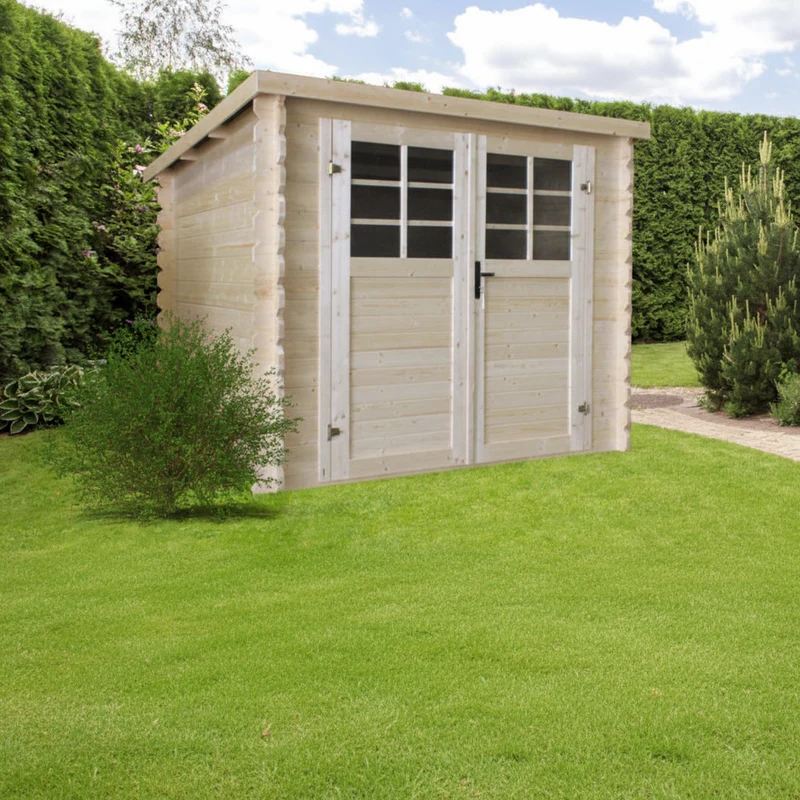Abri de jardin Niamh - 2,98 x 2,98 m - sapin du Nord certifié - toiture plate pente légère- double-porte avec fenêtres
