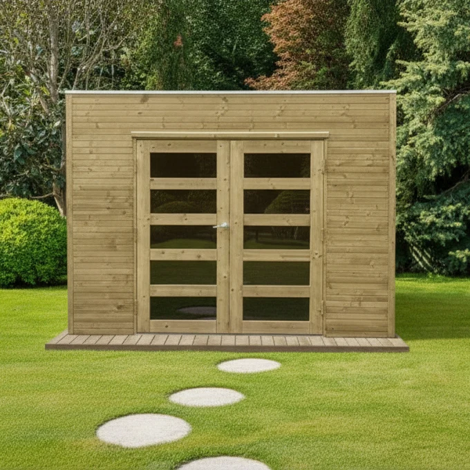 Abri de jardin Capri - 2,98 x 1,98 m - sapin du Nord certifié - traité - toiture plate - double-porte avec fenêtres