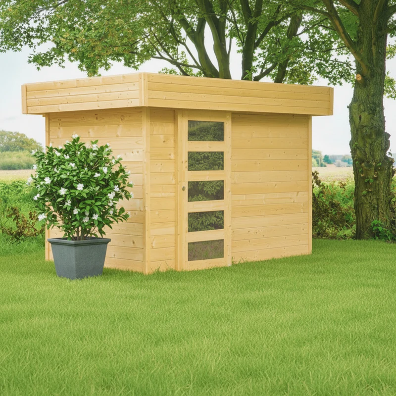 Abri de jardin Oslo - 3,01 x 2,01 m - sapin du Nord certifié - toiture plate - porte coulissante avec fenêtre