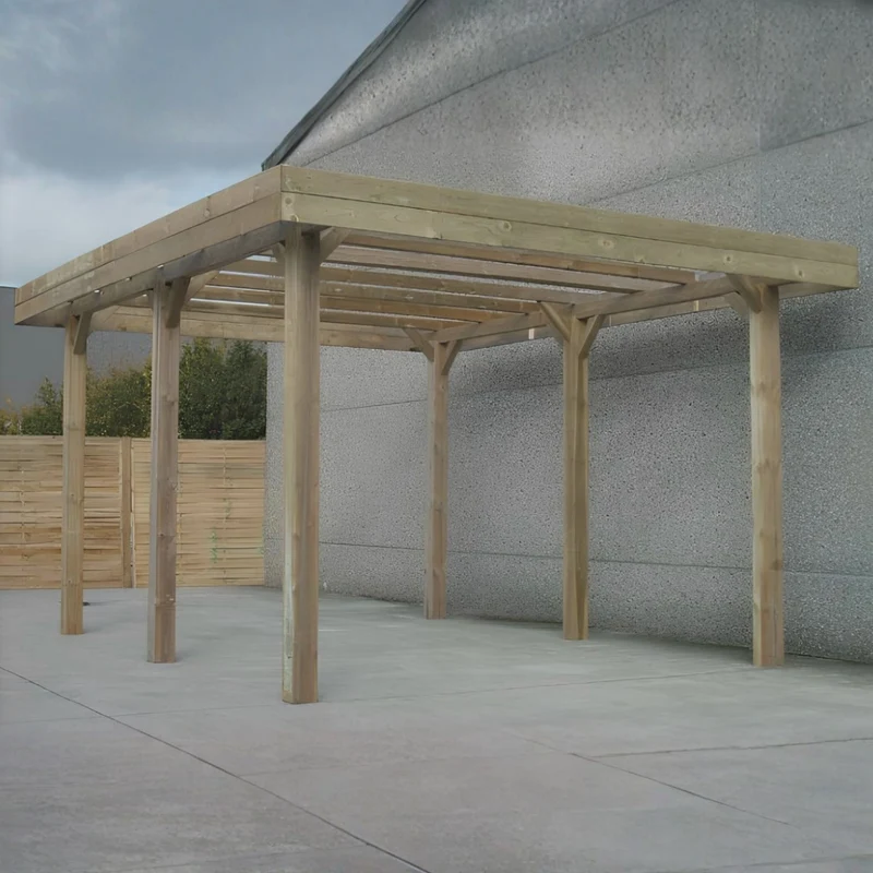 Carport en bois haut 6 x 5 m – Sapin du Nord traité – Idéal camping-car ou fourgon – Toit plat robuste