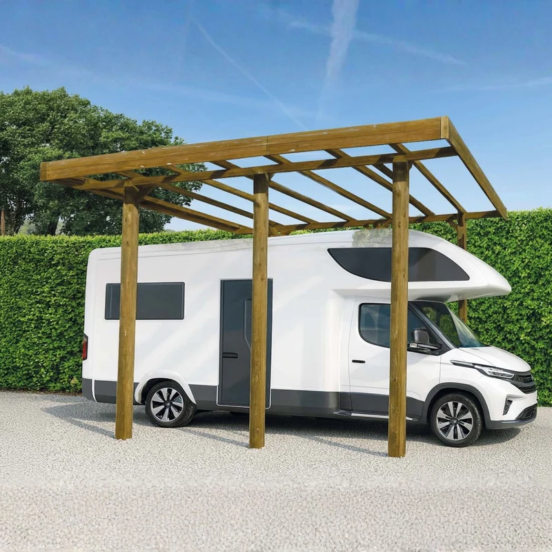 Carport en bois haut 3,9 m – Sapin du Nord traité – Idéal camping-car ou fourgon – Toit plat robuste