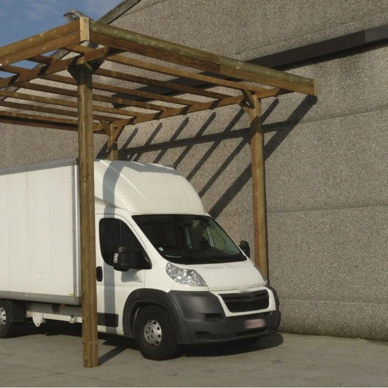 Carport en bois haut 3,9 m – Sapin du Nord traité – Idéal camping-car ou fourgon – Toit plat robuste