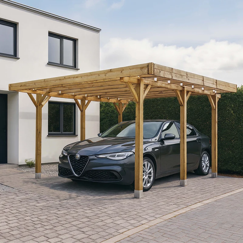 Carport en bois 4 x 5 m – Sapin du Nord traité – Toit plat – Résistant et durable