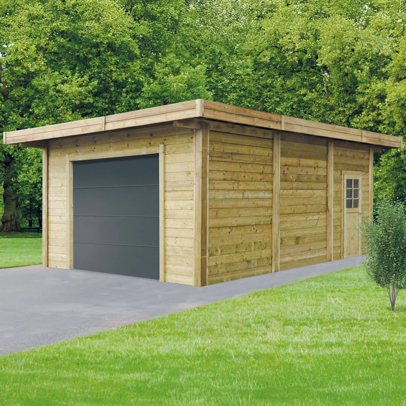 Carport-garage en bois – 5 x 7 m – Sapin du Nord FSC traité – Porte motorisée – Toit plat