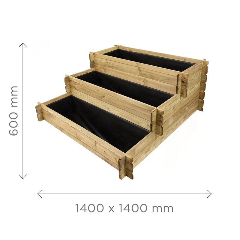 Carré potager en escalier 1,4 x 1,4 x 0,6 m - avec géotextile - traité autoclave