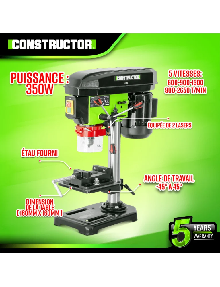 Perceuse à colonne 350W – Avec étau & laser – 5 vitesses – Mandrin 13 mm