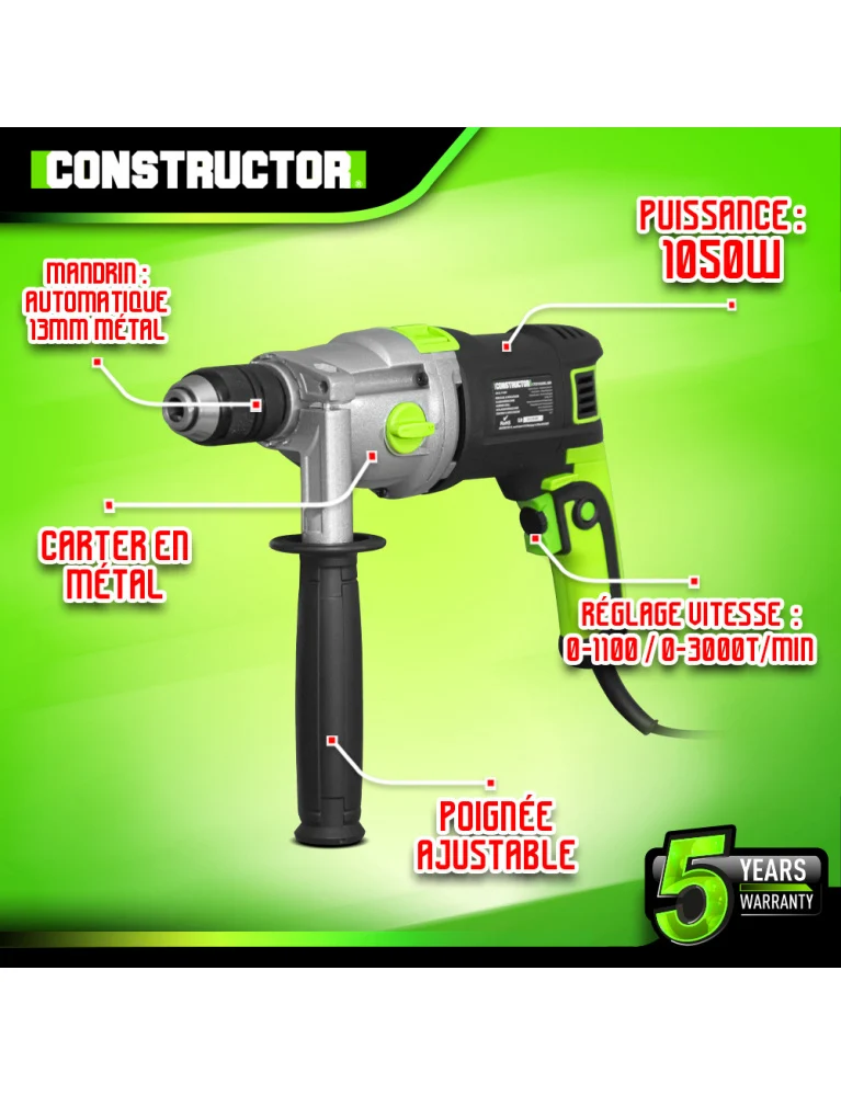 Perceuse à percussion 1050W – Mandrin automatique 13 mm – Coffret inclus – Poignée softgrip