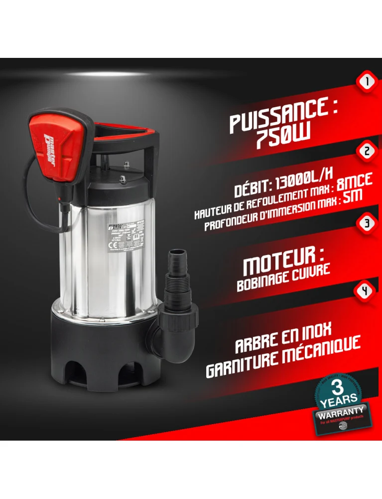 Pompe vide-cave eaux chargées 750W avec flotteur - 13000 L/h