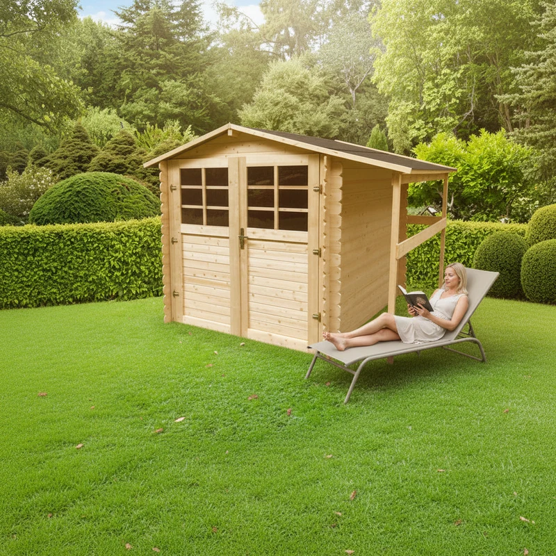 Abri de jardin Céline - avec abri-bûches - 1,98 x 1,98 + 0,5 m - sapin du Nord certifié - porte avec fenêtres