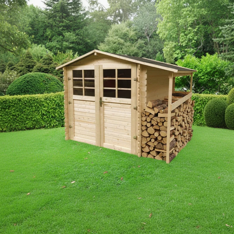 Abri de jardin Céline - avec abri-bûches - 1,98 x 1,98 + 0,5 m - sapin du Nord certifié - porte avec fenêtres