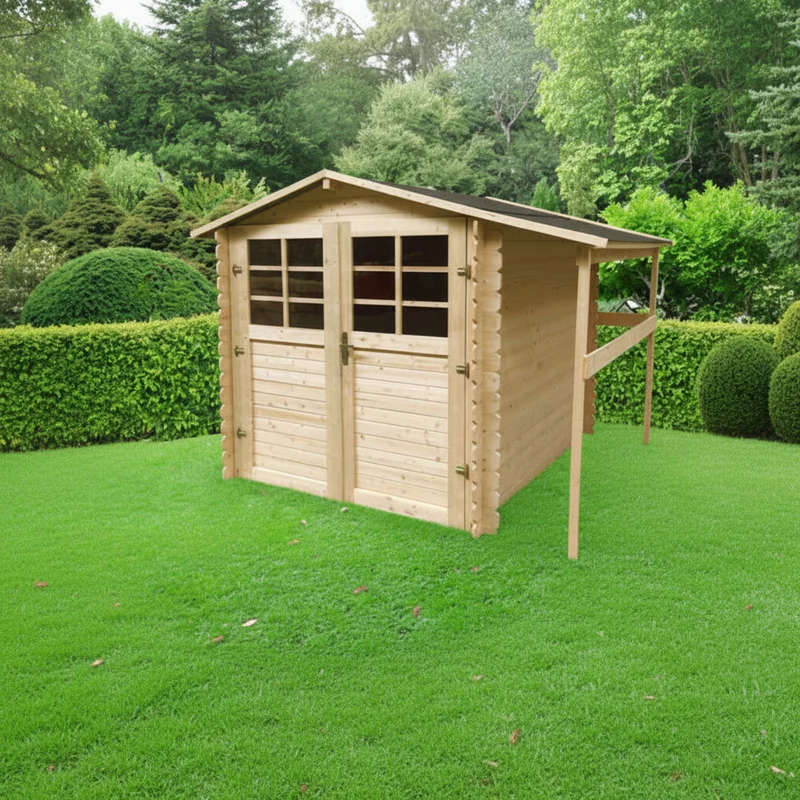 Abri de jardin Céline - avec abri-bûches - 1,98 x 1,98 + 0,5 m - sapin du Nord certifié - porte avec fenêtres