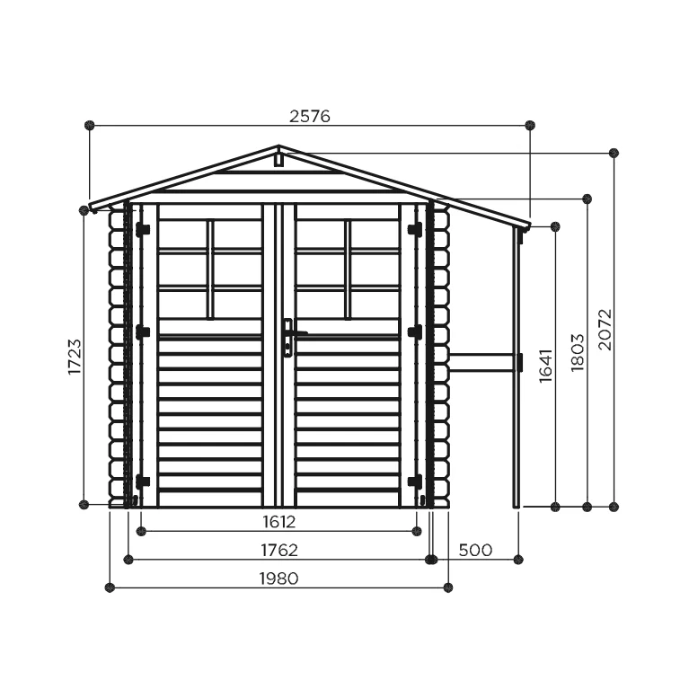Abri de jardin Céline - avec abri-bûches - 1,98 x 1,98 + 0,5 m - sapin du Nord certifié - porte avec fenêtres