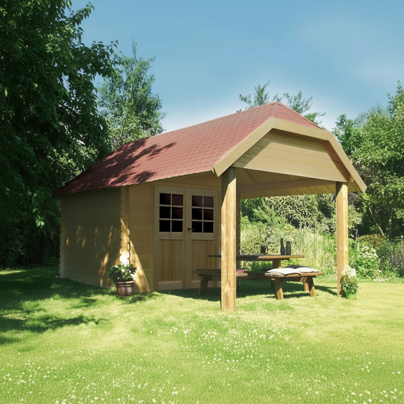 Abri de jardin Cork- avec terrasse - 2,98 x 2,98 + 2,65 m - sapin du Nord certifié - toiture cottage - double-porte avec fenêtres - bois imprégné
