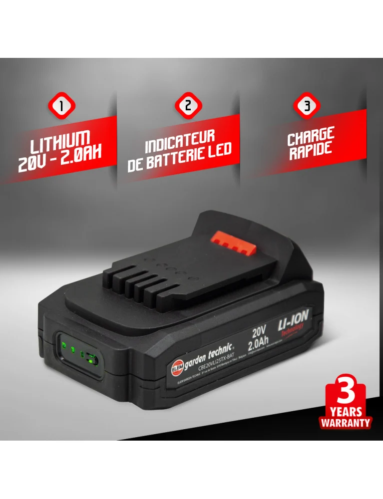 Batterie lithium 20V – 2Ah – avec témoin de charge – compatible Elem Garden Technic
