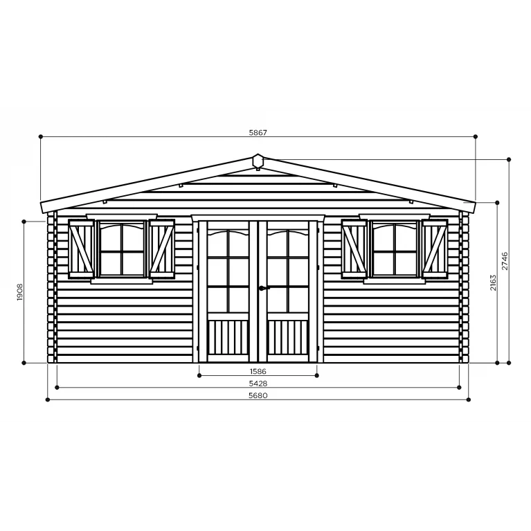 Abri de jardin Cevins - 5,68 x 3,88 - traité - sapin du Nord certifié - double-porte avec fenêtres