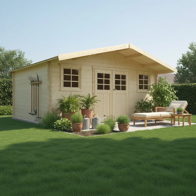 Abri de jardin Montreux - 5,08 x 5,08 - traité - sapin du Nord certifié - double-porte avec fenêtres