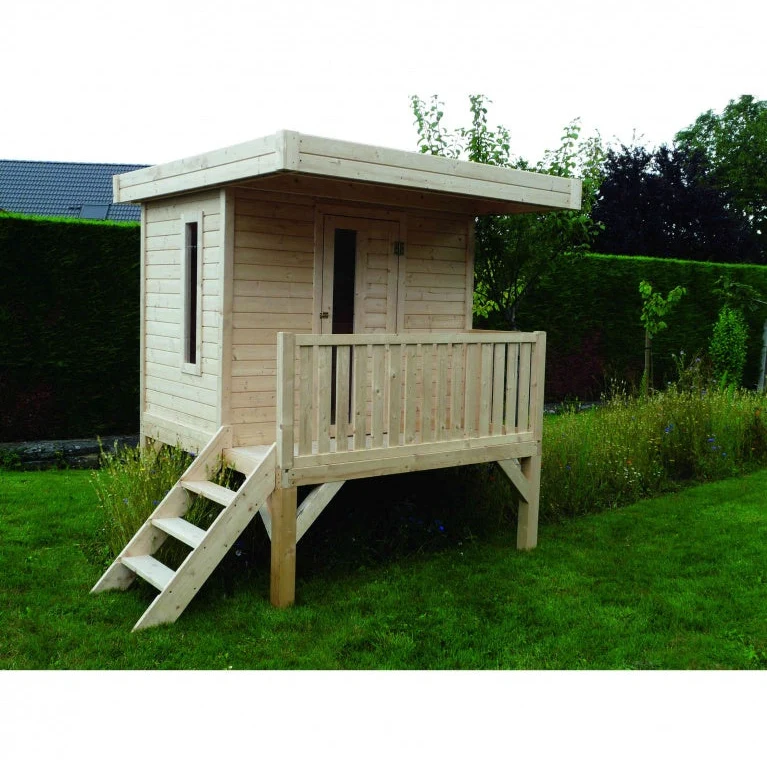 Cabane de jardin surélevée en bois Playhouse Traditional – 1,8 x 1,8 m – avec escalier et balcon
