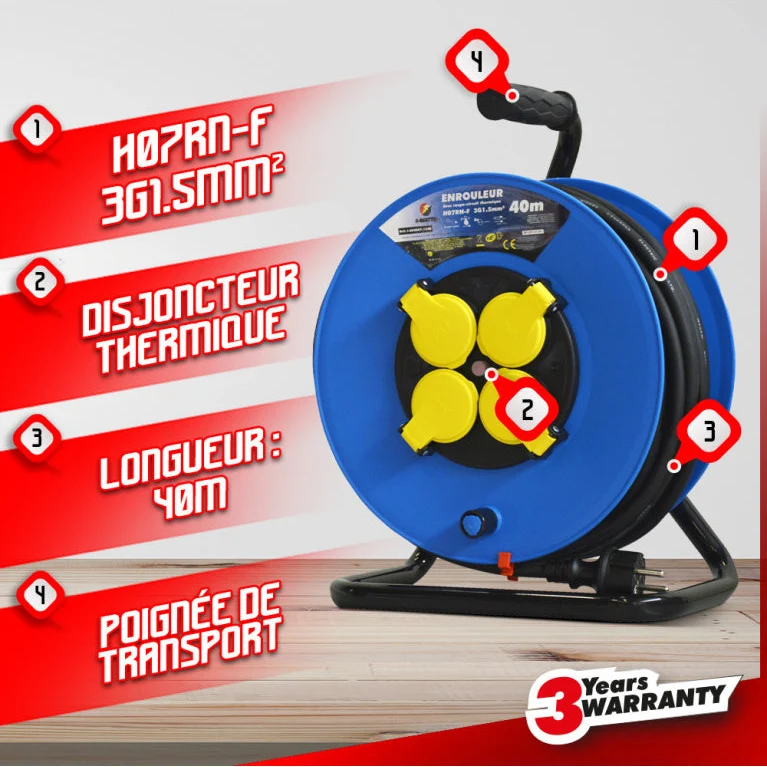 Enrouleur électrique 40M I-WATTS PRO – 4 prises à clapet, IP44, 3200W, protection enfant