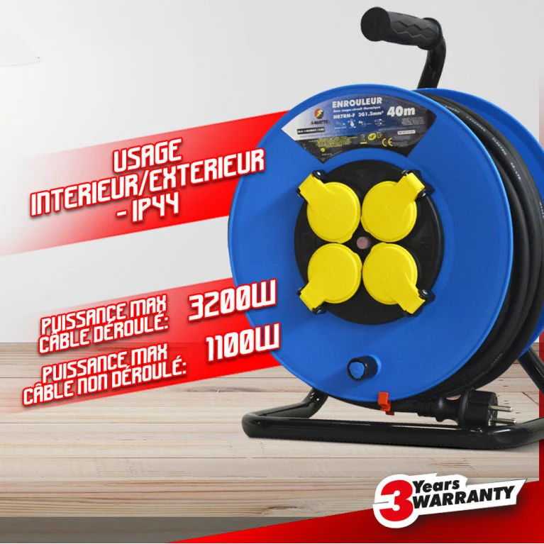 Enrouleur électrique 40M I-WATTS PRO – 4 prises à clapet, IP44, 3200W, protection enfant