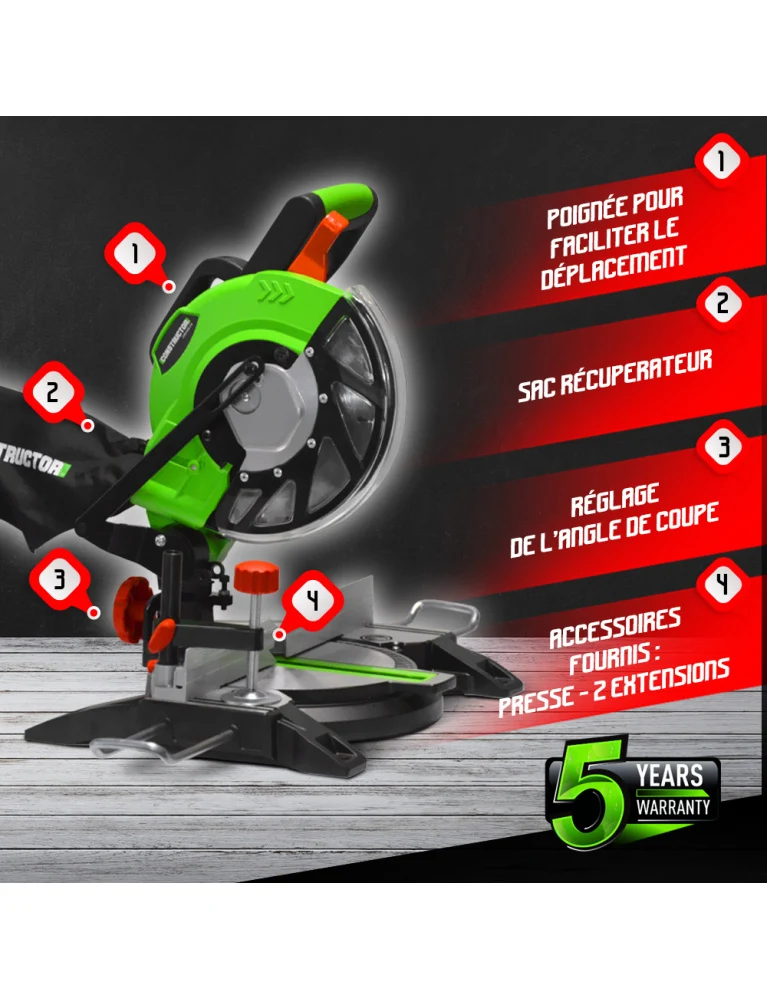 Scie à onglet 1400W – 210 mm – 24 dents – avec extensions et sac d’aspiration