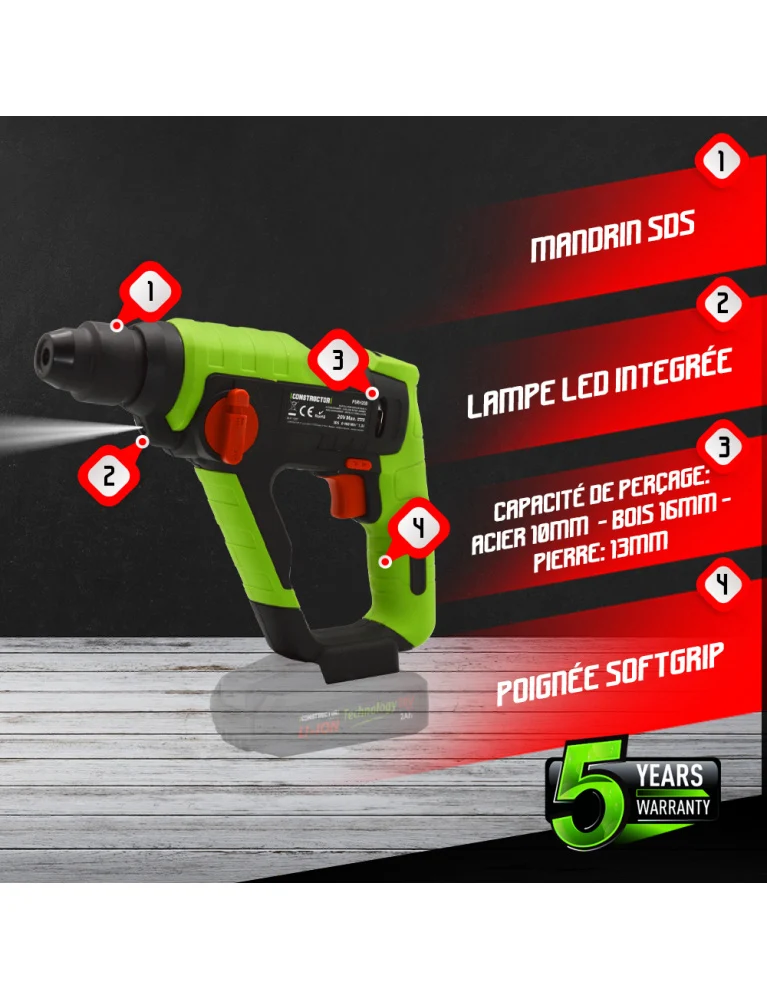 Marteau perforateur sans fil 20 V – SDS – 5000 coups/min – LED – sans batterie