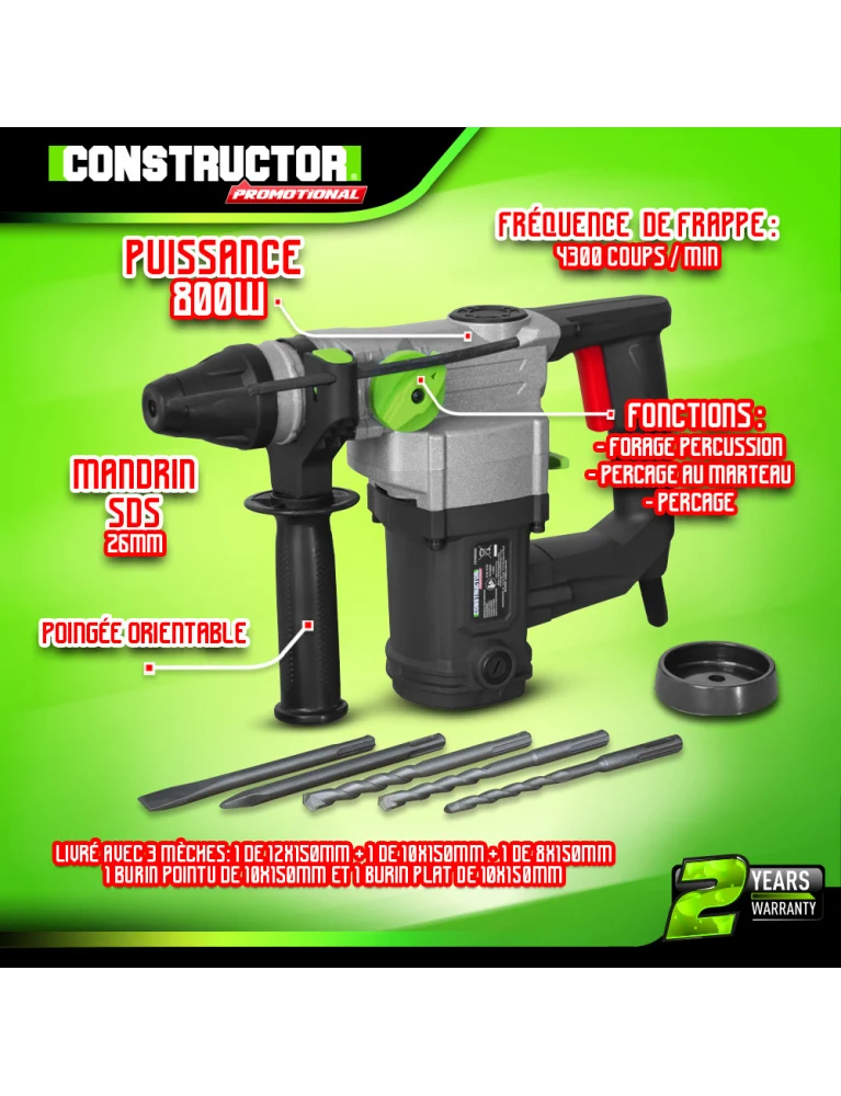 Marteau perforateur 800W – 4J – mandrin SDS 26mm – coffret avec accessoires