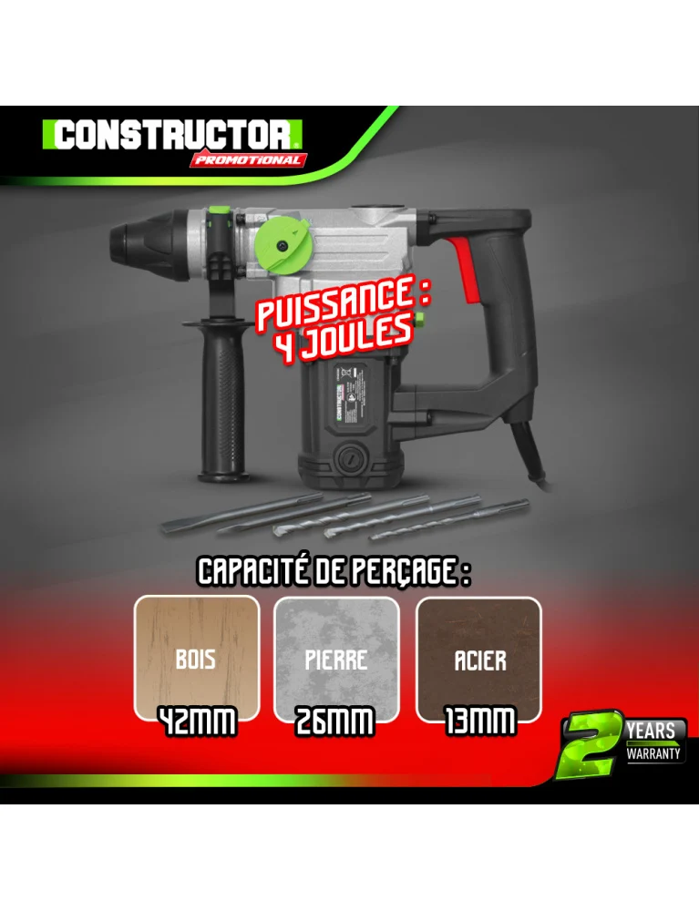 Marteau perforateur 800W – 4J – mandrin SDS 26mm – coffret avec accessoires