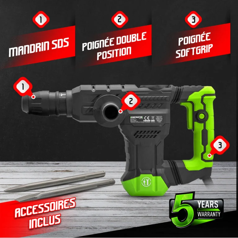 Marteau piqueur 1300W – 18J – mandrin SDS Max – coffret avec 2 burins
