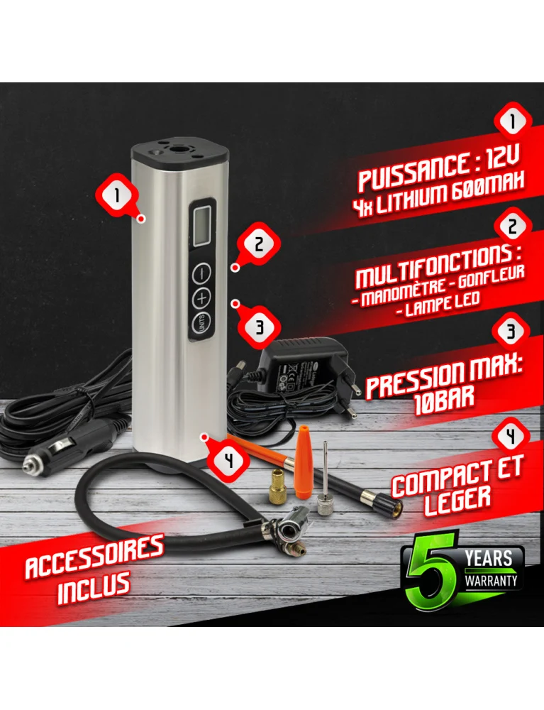 Compresseur rechargeable 12V ultra-compact – 10 bars, LED, batterie lithium