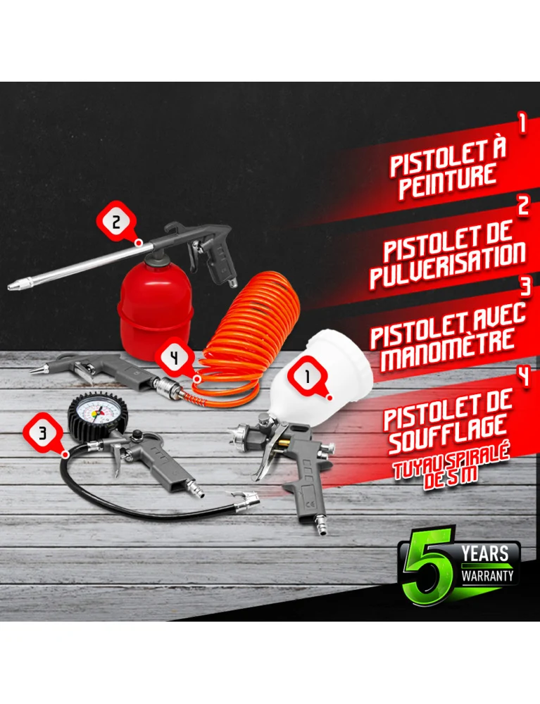 Kit 5 accessoires pour compresseur Constructor – peinture, gonflage, soufflette