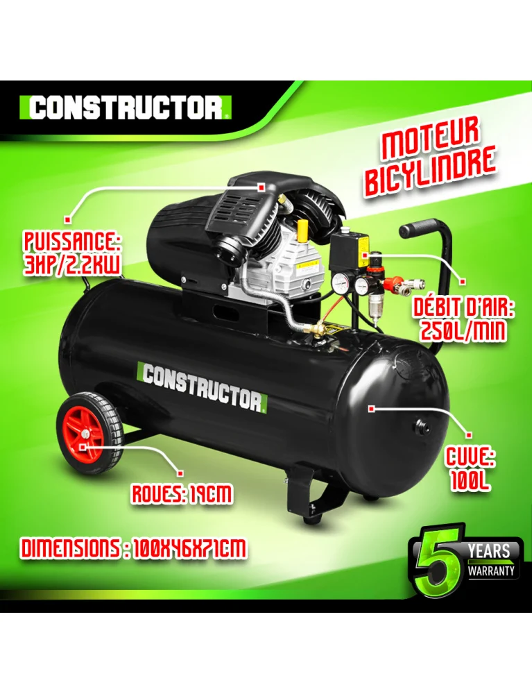 Compresseur à huile 100L – bicylindre, 3 HP, 8 bars, 250 L/min