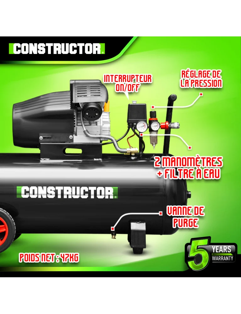 Compresseur à huile 100L – bicylindre, 3 HP, 8 bars, 250 L/min