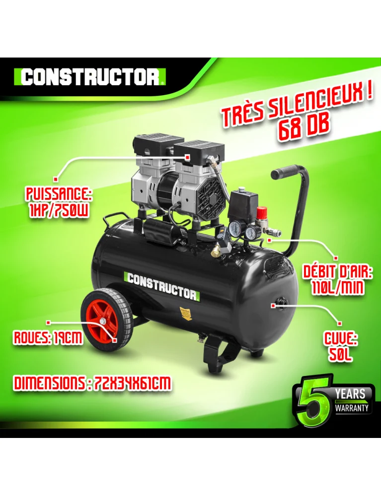 Compresseur 750W – silencieux 50L – 8 bars, sans huile, 68 dB