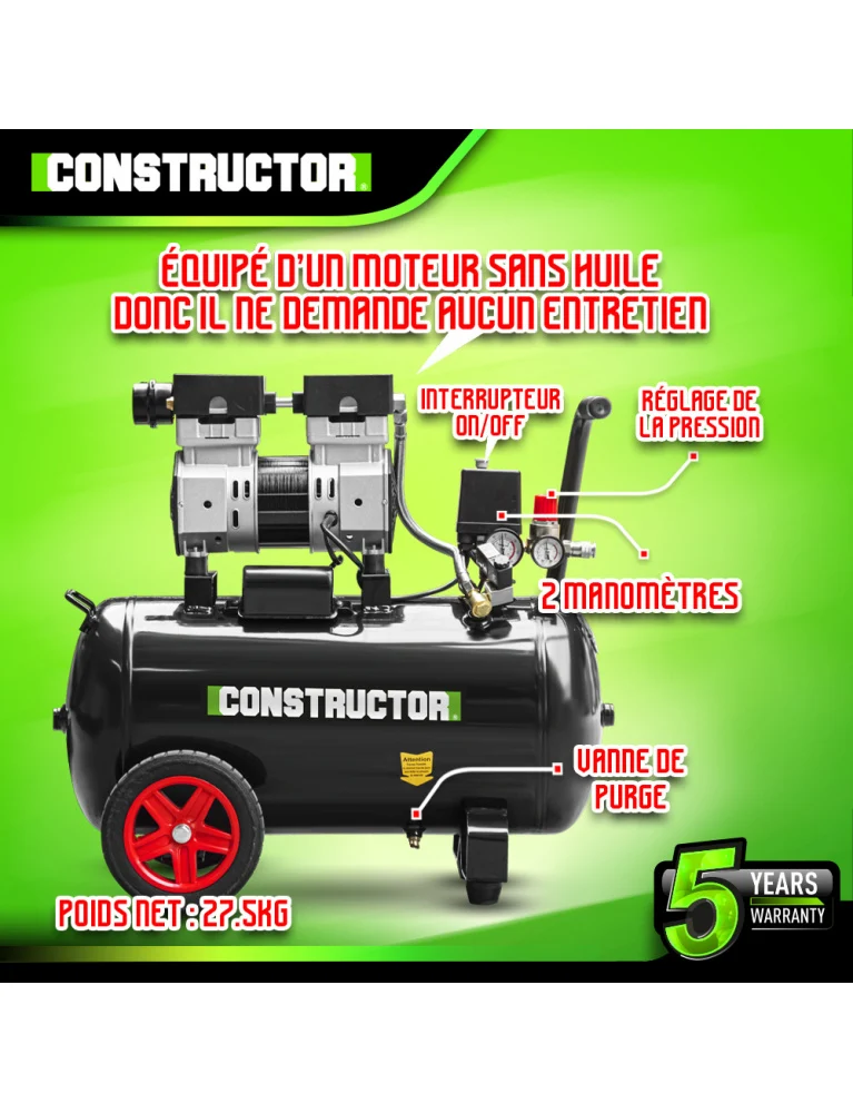 Compresseur 750W – silencieux 50L – 8 bars, sans huile, 68 dB